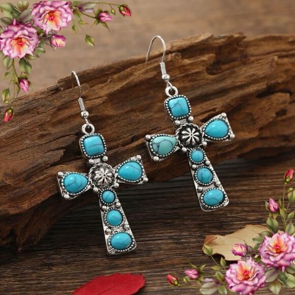 Faux Turquoise Cross Decor Drop Earrings Zinz Alloy - Picture 1 of 11